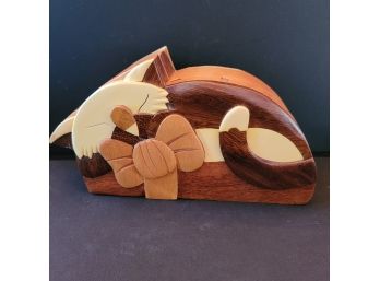 Hand Carved Puzzle Box - Sleeping Cat With Bow - Red Interior