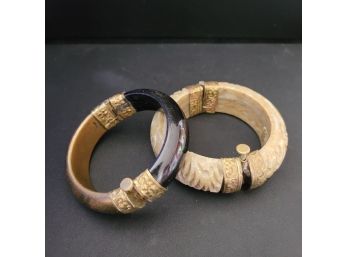 2 Rare & Unusual Bone Brass & Stone Bracelets Made In India *Nice Clasps
