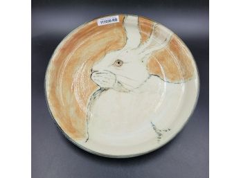 Handcrafted 10.75' Stoneware Pottery Shallow Bowl Signed By Trimble Rabbit Portrait