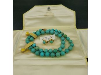 Vintage Turquoise Round Bead Necklace And Earring Set