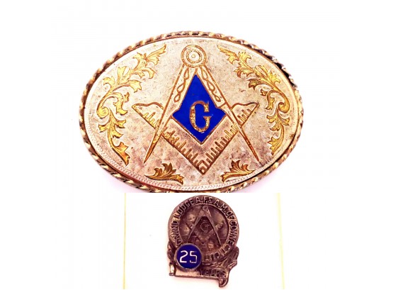 Masonic Freemason Belt Buckle And Grand Lodge A.F.&A.M. Of CT 25 Year Pin