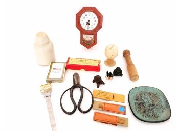 Mixed Vintage Smalls Lot Including Small Pendulum Clock Chinese Hair Scissors Syringe And More