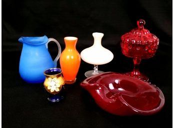 Mixed Glass Lot Including Bubble Glass Trinket Bowl Cranberry Glass Footed Lidded Candy Bowl And More