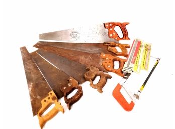 Lot Of 6 Vintage Saws Including Nicholson Stanley And Stanley Hack Saw With Extra Blades New In Packaging
