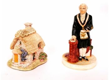 2 Figurines Including Lilliput Lane House Handmade In England And 1961 George Washington Figurine