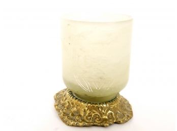 Small Jade Etched Candle Holder With Brass Base
