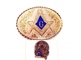 Masonic Freemason Belt Buckle And Grand Lodge A.F.&A.M. Of CT 25 Year Pin