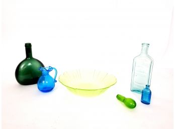 Mixed Vintage Glass Lot Including Tincture Bottle Green Glass Bowl And More
