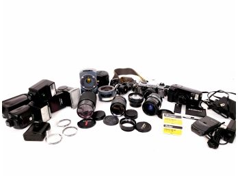 Large Camera Lot Including Cameras Lenses Filters Flash Adapters Polaroid Printer And Motorola Star Tac Phone