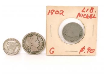1908 O Barber Quarter, 1945 Micro S Dime, 1902 Liberty Nickel