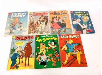 Lot Of 7 Vintage Dell Comic Books Including Walt Disney's Silly Symphony Howdy Dowdy Lassie And Hardy And More