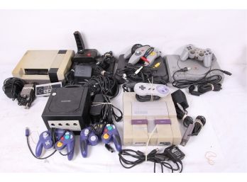 Group Of Vintage Complete Video Games Systems Including Nintendo Nes, SNES, N64, Game Cube, PS1 & Genesis