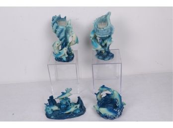Group Of Dolphin Figures And Candle Holders