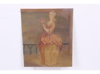 Small Antique ' Lady With Red Flowers ' Oil Painting On Canvas