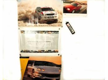 3  Foreign Car Dealership Advertising Posters & Mitsubishi Seatbelt Pad & Jetta Adv. Pamphlet