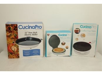 3 CucinaPro Kitchen Appliances: 12' Electric Skillet, Waffle Cone Maker, & Cordless Crepe Maker