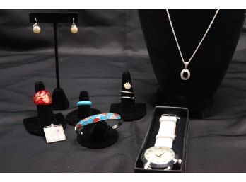 Miscellaneous Costume Jewelry Lot ~ Watch, Earrings, Necklace, Rings, & Pendant