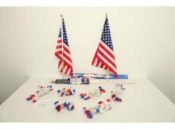 American Flag, Banner, Star Lights, & Small American Parade Flags