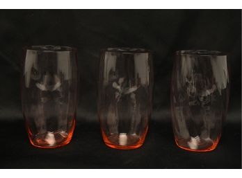 3 Antique Hand Blown Pink Crystal Glasses