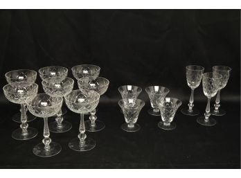 15 Antique Fostoria Crystal Stemware Glasses ~ In Criss-cross Pattern