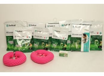 9 Dog Recovery Suits Sizes XS - XL, 2 'puppy Bumpers' & Bar Of Mendota Pet Medicated Soap