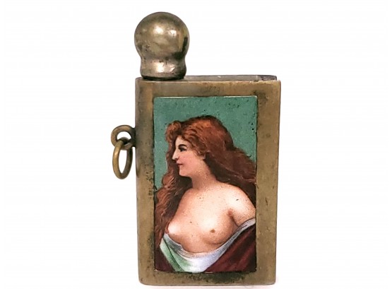 Antique Alpacca Permanent Match Striker With Enameled Erotic Woman