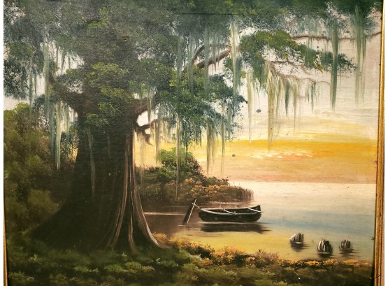 Beautiful Oil On Board Landscape Painting Of Tree And Boat