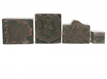 Group Of 4 Vintage Print Block Stamps, Native American, Masonic, Odd Fellows, And More