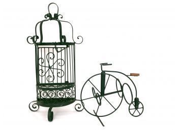 Black Metal Decorative Bird Cage And Wine Bottle Rack Bicycle