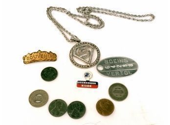 Mixed Junk Drawer Lot Including Boeing Vertol Key Fob, Souvenir Pin, 1943 Steel Pennies And More