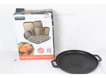 NutriChef Kitchen Oven Non Stick Carbon Steel Tray Sheet 6 Piece Bakeware Set & 13' Cast Iron Skillet