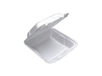 150  Vented Foam Hinged Lid Food Container 9' X 9.125' X 3.25', White, Polystyrene Foam