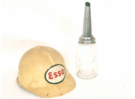 Original Esso Hardhat And Ball Jar With Oil Topper