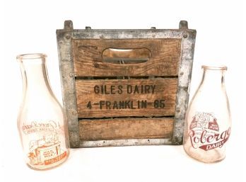Giles Dairy Crate With Roberge And Oak Grove Quart Bottles