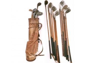 Beautiful Collection Of 12 Antique Wood Shaft Golf Clubs In Leather Bag