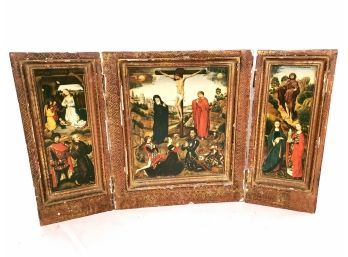 Antique Religious  Wooden Triptych Reliquary