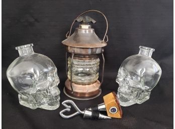 Crystal Skull And  Lantern Decanter, Bottle Stoppers Including Air Force