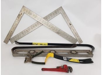 Mixed Tool Lot, Stanley Level, Crowbars, Squares