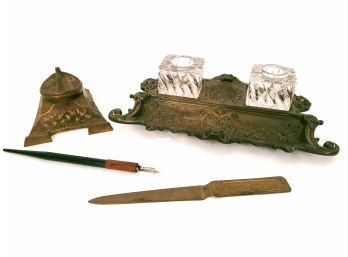 Antique Deskset Lot With Inkwell, Promotional Letter Opener And Fountain Pen