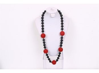 36' Long Large Onyx Cinnabar And Sterling Chinese Necklace