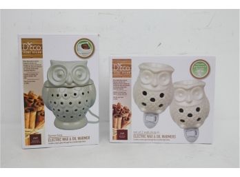 2 Flame Free Electric Wax & Oil Warmers ~ Large Ceramic Owl & 2 Owl Plug Ins