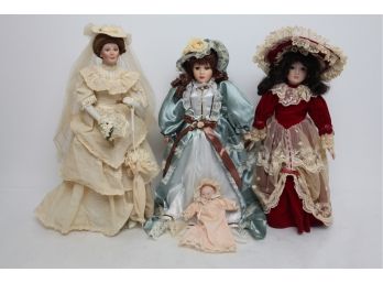 3 Vintage Victorian Style Porcelain Dolls With Baby