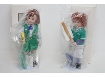 2 Vintage Avon Tender Memories Porcelain Doll Collection ~ 'Girl Scout' & 'Batter Up'