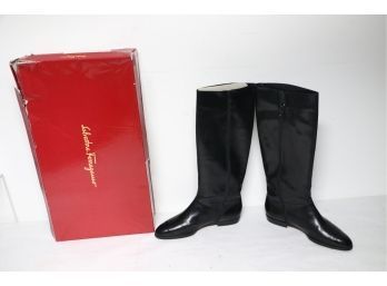 Salvatore Ferragamo Black Leather Ladies  Boots In Box Size 10 1/2