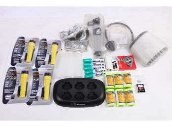 Lot Of Miscellaneous Items Drill Case, Flashlights, Charging Station, Filter, Safety Glass Etc