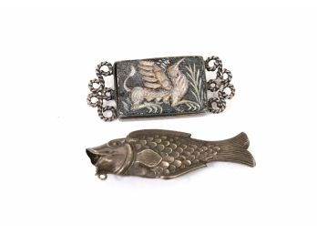 Pair Of Vintage Sterling Silver Fish Pendant And Brooch