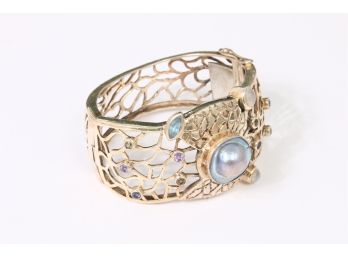 Sterling Silver Pearl Blue Topaz Moonstone Bracelet - By Museum Collection