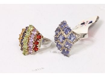 Pair Of Sterling Silver Multi-gem Rings - New Old Stock