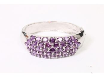 Large Heavy Sterling Silver Hinged Bracelet With Amethyst Inserts - Mint Condition