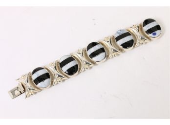 Heavy Large Vintage Sterling Silver With Onyx Bracelet Made In Mexico